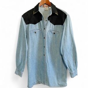 Vintage Western Denim Suede Metal Detailed Long Sleeve Button-Down Shirt